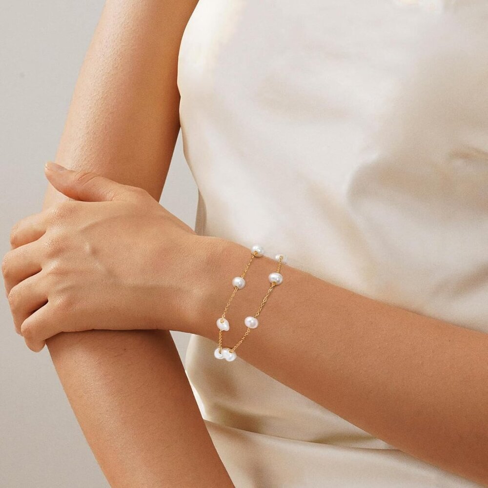 Gold/Silver Pearl Bracelets - 14K Gold Plated Dainty Pearls Beaded Chain Heart B - Picture 5 of 7
